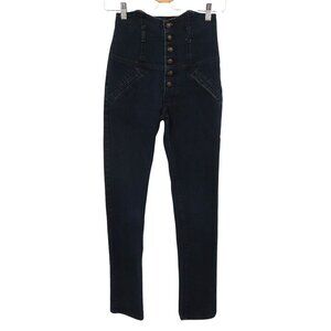 Era Of Chaos Women 24 High Waist Button Fly Dark Blue Denim Jeans Cotton Blend